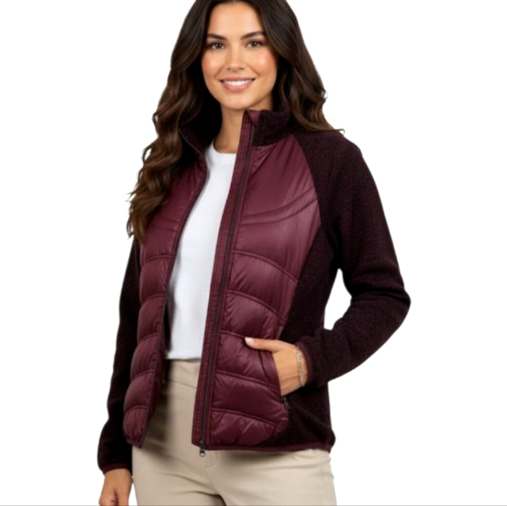 London Fog Puffer Sweater Jacket Burgundy Down Fill Zip Front Size Medium